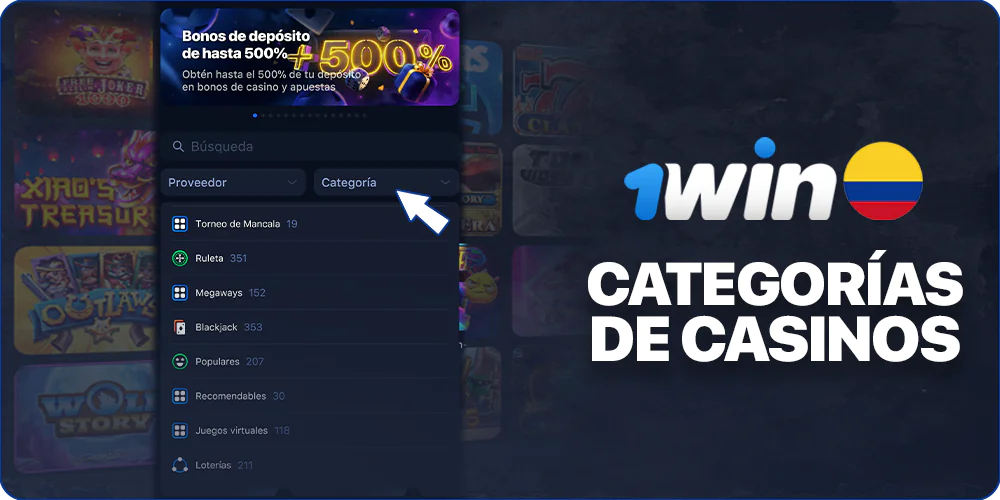 Categorías de casinos en línea en la aplicación móvil 1Win