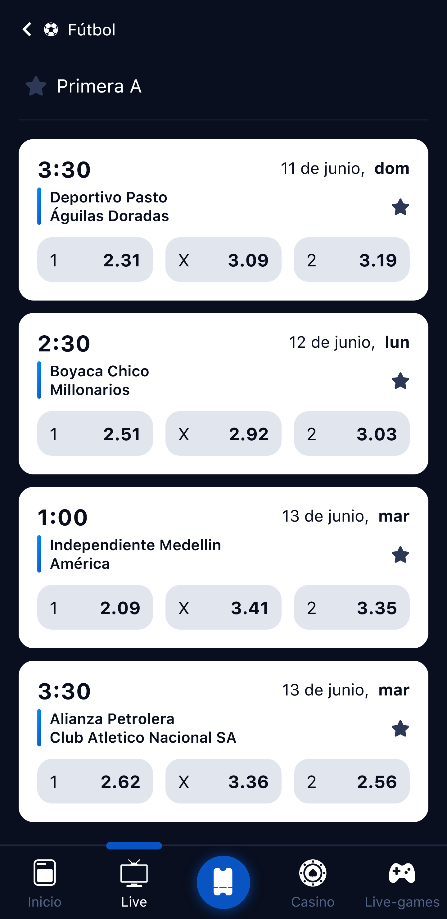 Captura de pantalla de las apuestas de fútbol en la aplicación 1Win