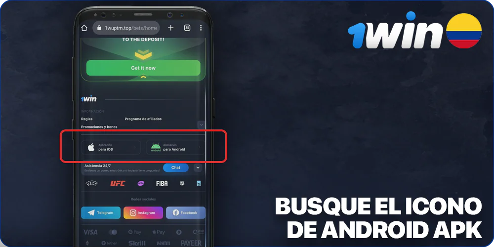 Busque el icono Android APK en la parte inferior de la página de 1Win