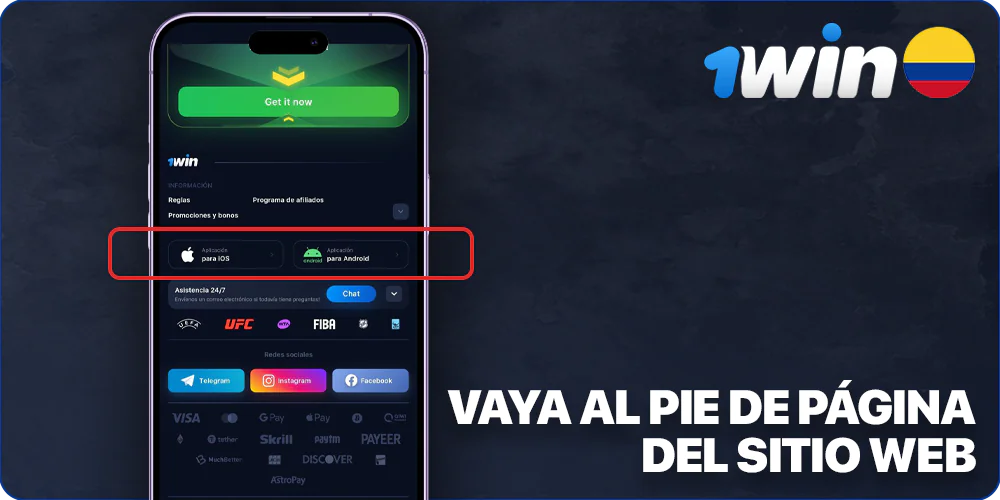 Busque el icono iOS en la parte inferior de la página de 1Win