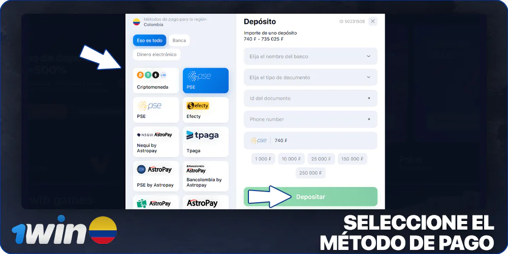 Seleccione el método de pago y el importe de la transacción en 1win